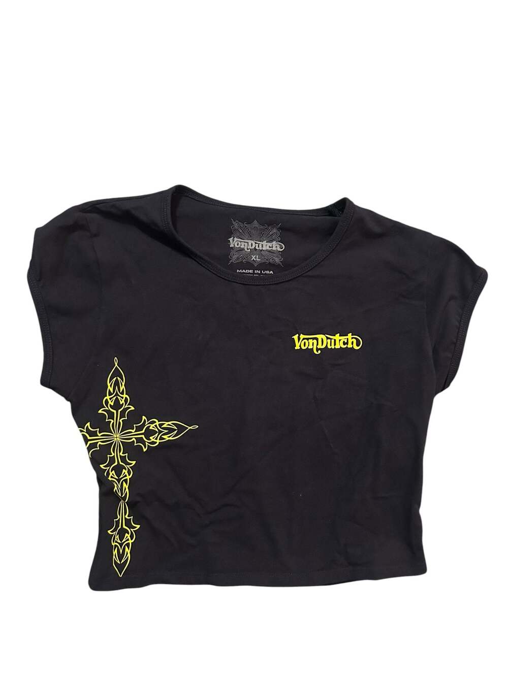 Von Dutch Black and Yellow Graphic Cross Baby Tee